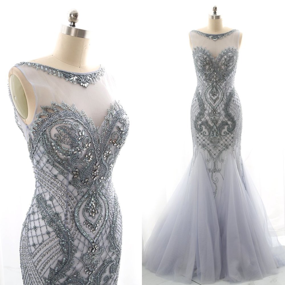 Mermaid Beaded Dusty Blue Prom Dress Luxury Formal Evening Gown